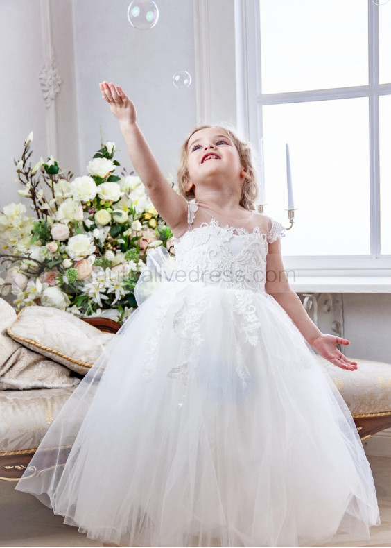 Ivory Lace Tulle V Back Flower Girl Dress With Bow